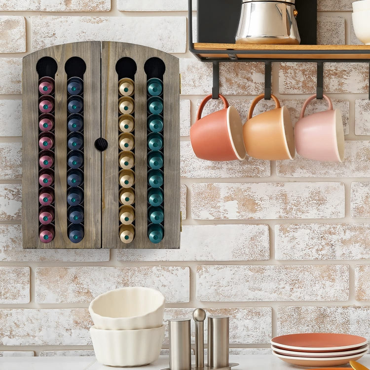 Gray Wood Wall Mounted Nespresso Coffee Pod Holder with Magnetic Door Panel, Storage Cabinet for Capsule Sleeves-MyGift