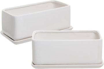 Set of 2, White Rectangular 10 inch Succulent Planter Pots with Removable Drip Tray-MyGift