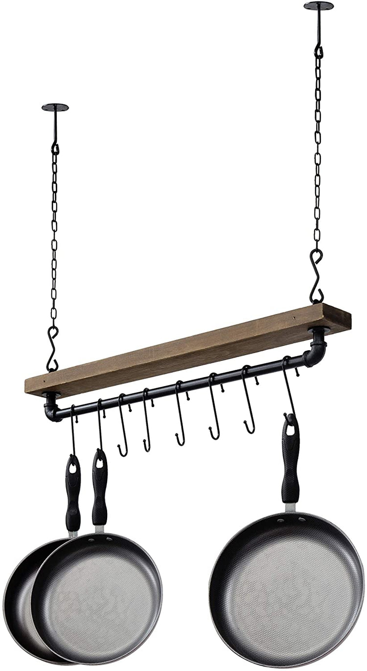 Industrial Pipe Wood Ceiling Mounted Hanging Pot Rack with 8 S