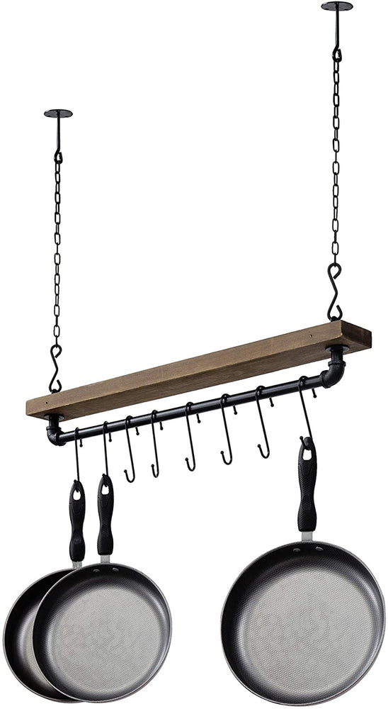 Industrial Pipe & Wood Ceiling Mounted Hanging Pot Rack with 8 S-Hooks