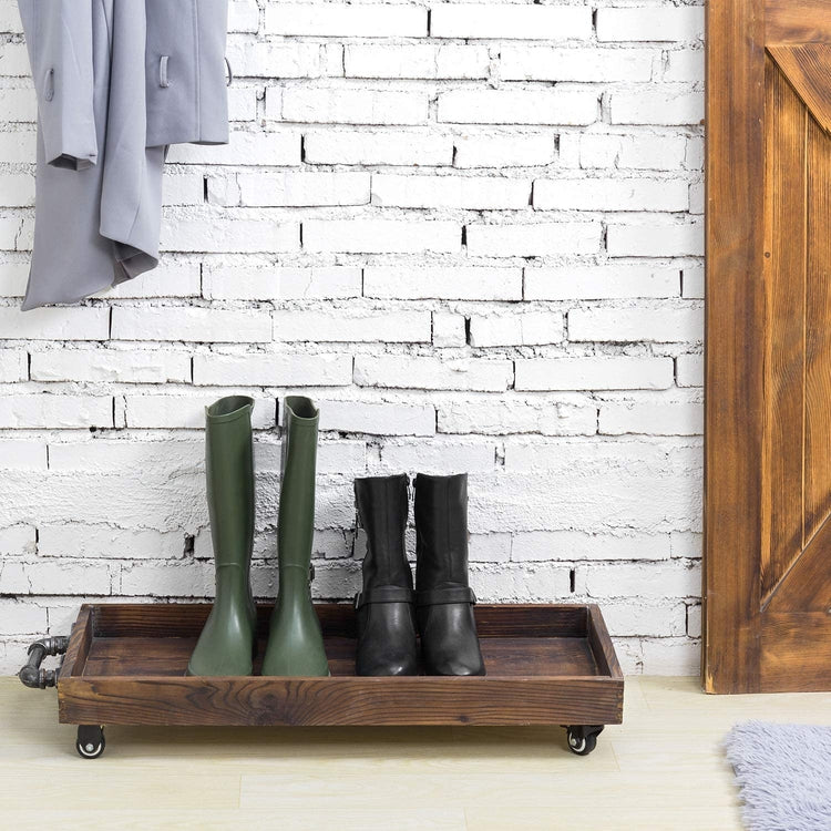 30-Inch Rustic Wood Rolling Boot Tray with Metal Pipe Handles-MyGift