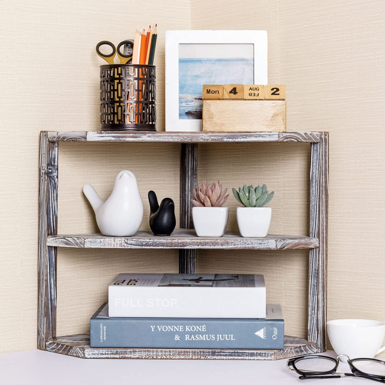 Set of 3 Rustic Burnt Wood & Black Metal Corner Display Shelves