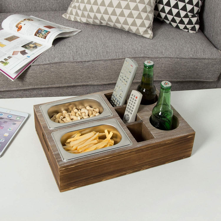 Whitewashed Wood Snacks Caddy Serving Crate Tray with 2 Cup Holders and 3 Remote Control Slots-MyGift