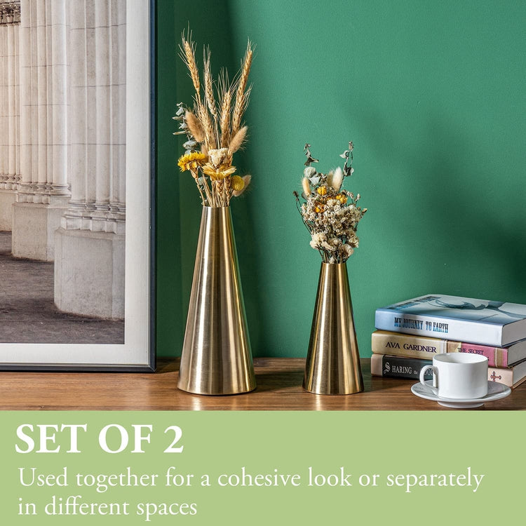 7 and 10.5 Inch Brass Tone Metal Tapered Flower Vases, Tabletop Centerpiece for Floral Arrangements-MyGift