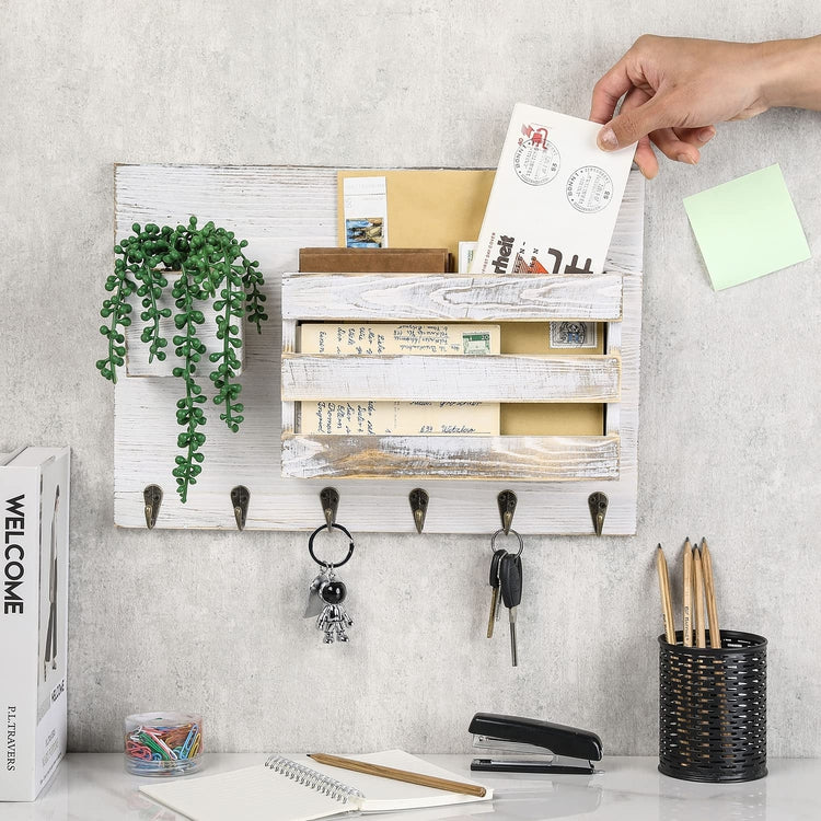 Whitewashed Wood Wall Mounted Entryway Mail Sorter with Key Hooks and Artificial String of Pearls Plant Decoration