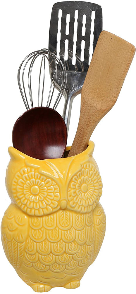 Yellow Owl Ceramic Cooking Utensil Holder / Storage Crock
