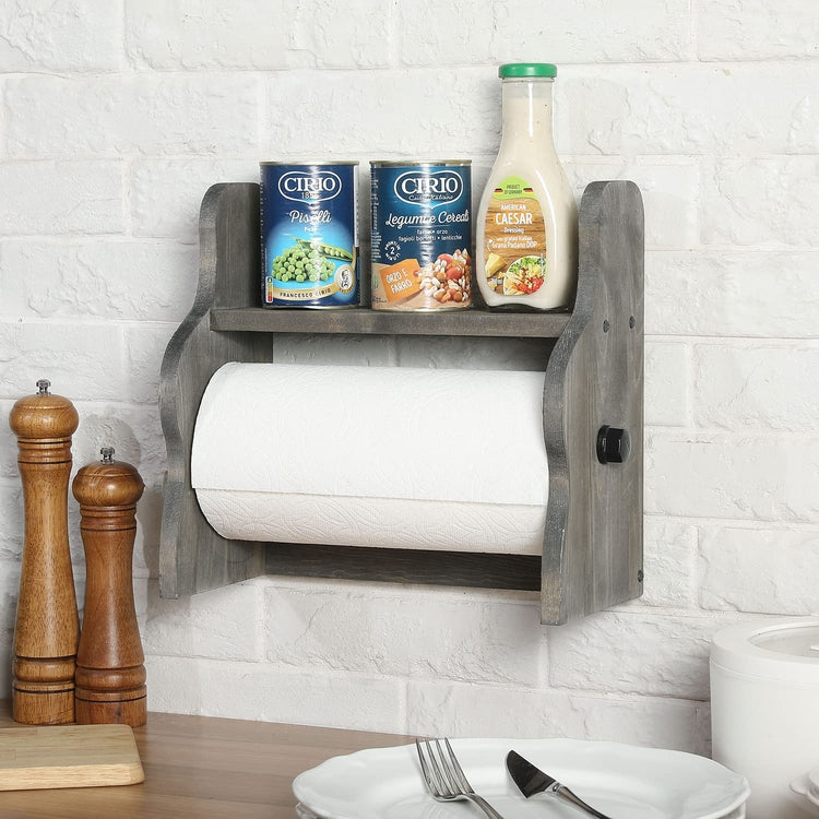 Weathered Gray Wood and Black Industrial Pipe Paper Towel Roll Holder Dispenser with Shelf, Wall Mounted or Countertop Storage Rack-MyGift