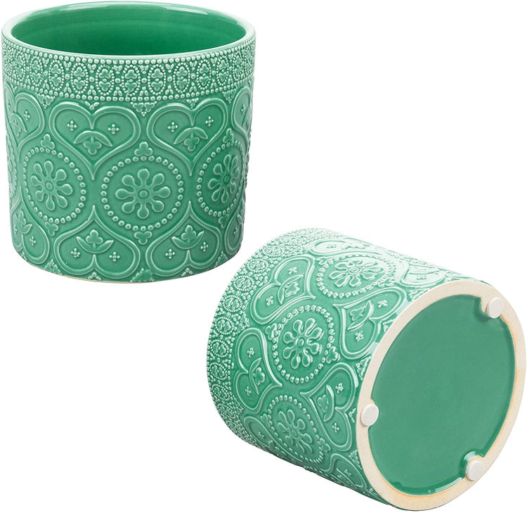 2 Pack of 4-Inch Aqua Green Ceramic Floral Embossed Succulent Planter Pots, Pots for Indoor Plants-MyGift