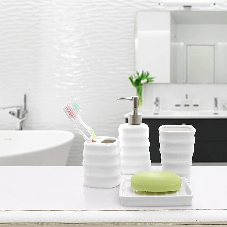 4 Piece Ribbed White Ceramic Bathroom Accessory Set w/Toothbrush Holder, Tumbler, Soap Dish & Dispenser