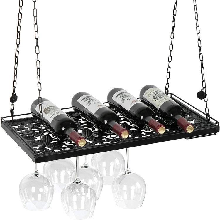 Grapevine Design Ceiling Mounted Wine Bottle Holder and Wine Glass Rack