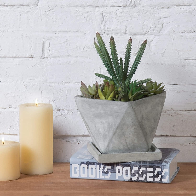 Mini Gray Concrete Geometric Design Planter Pot with Removable Saucer