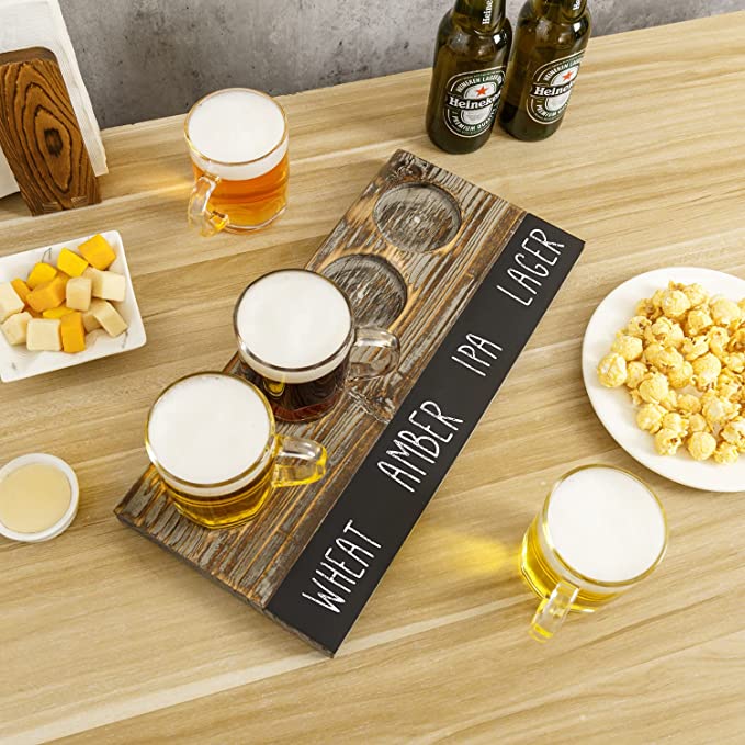 Torched Wood Beer Flight Board with 4 Beer Mugs and Erasable Chalkboard Label-MyGift