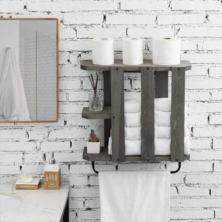 Gray Torched Wood Wall Mounted Bathroom Towel Storage Rack with Indust –  MyGift