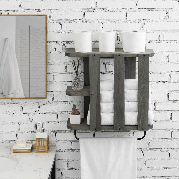 Gray Torched Wood Wall Mounted Bathroom Towel Storage Rack with Industrial Metal Pipe Hanging Bar