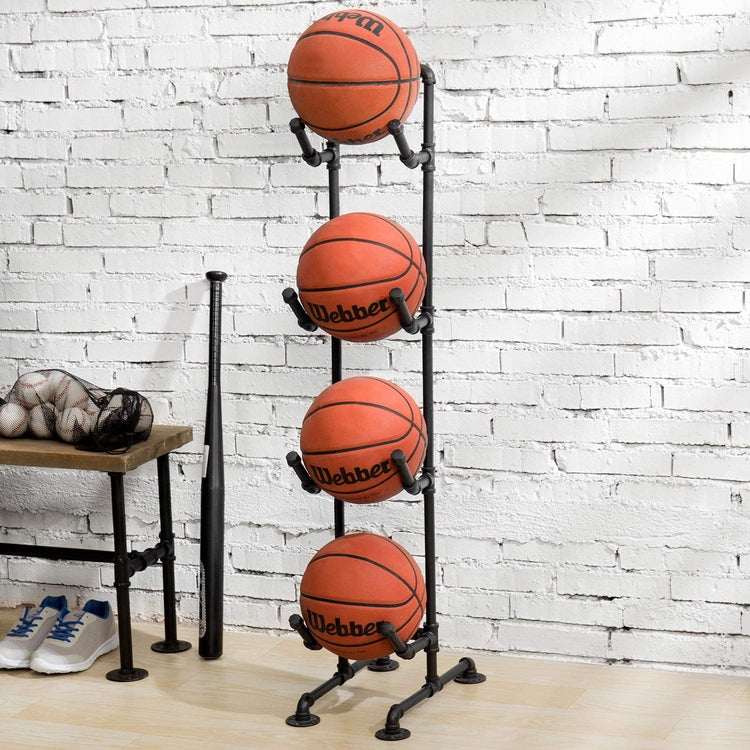4-Tier Industrial Black Metal Pipe Indoor Outdoor Basketball, Volleyball, and Sports Ball Storage Organizer Rack