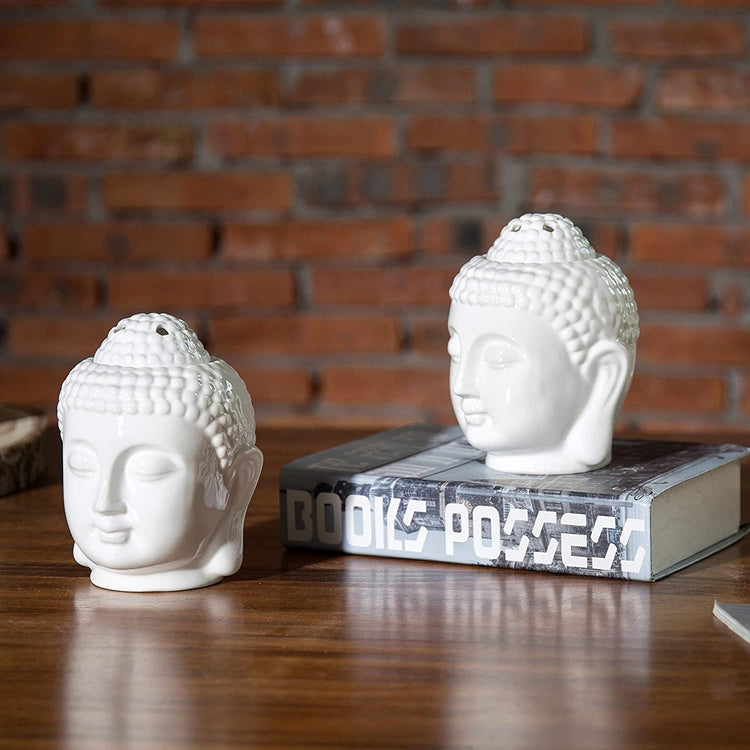 Set of 2 Translucent White Ceramic Buddha Head Statue Tealight Candle Holder and Aromatherapy Oil Burner Diffuser-MyGift