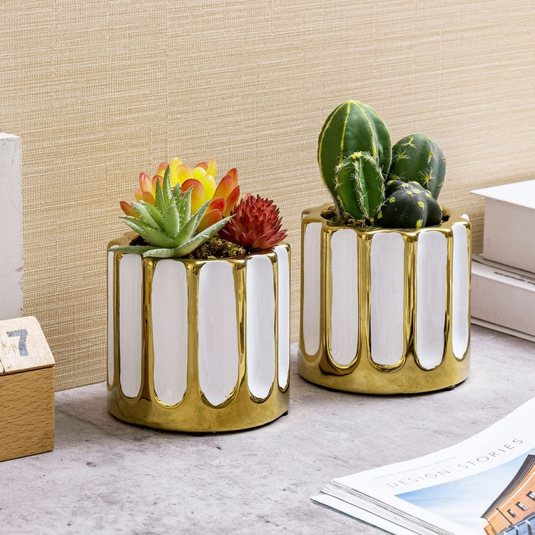 White and Gold Ceramic Fluted Planter Pot with Drainage Hole, Small Succulent Plant Container, Set of 2