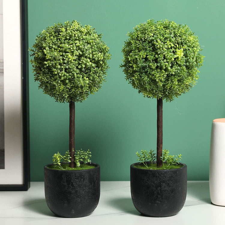 13 Inch Artificial Boxwood Topiary Trees with Black Pots, Set of 2