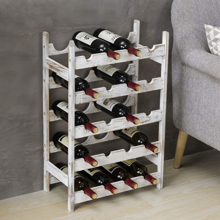 20 Bottle, Whitewashed Wood Free-Standing Floor Wine Rack Storage Display Shelf-MyGift