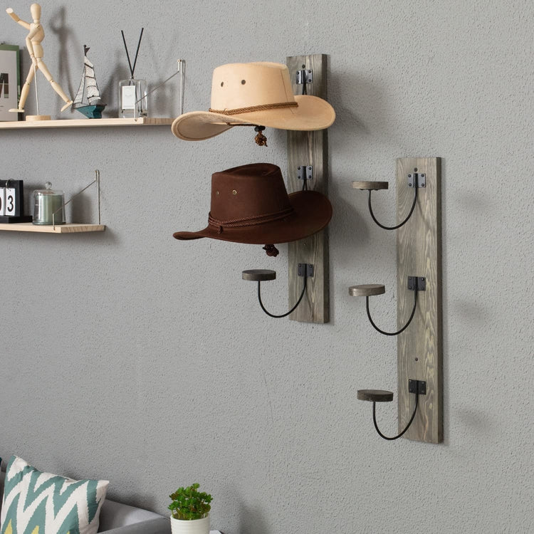 Wall Mounted Hat Rack, Gray Wood and Black Metal Wire Vertical Hat and Coat  Storage Hooks, Set of 2