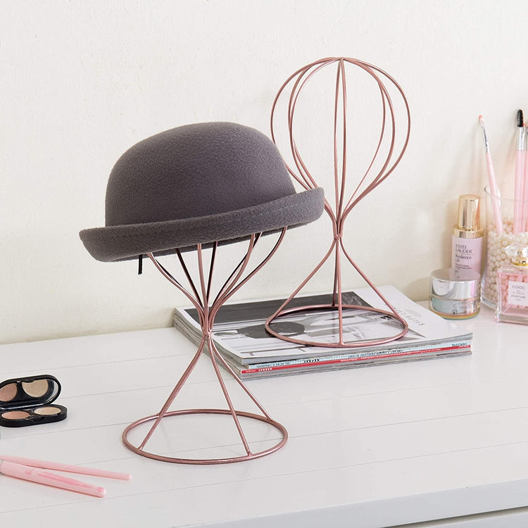 Set of 2, Modern Rose Gold-Tone Wire Design Metal Hat, Cap & Wig Rack Display Stands-MyGift