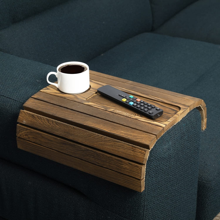 Wood Dark Brown Flexible Sofa Couch Arm Tray Table with Cup and TV Remote Control Holding Grooves