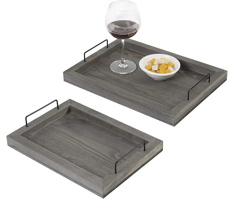 Set of 2, Grey Wood Nesting Serving Trays with Black Metal Handles-MyGift