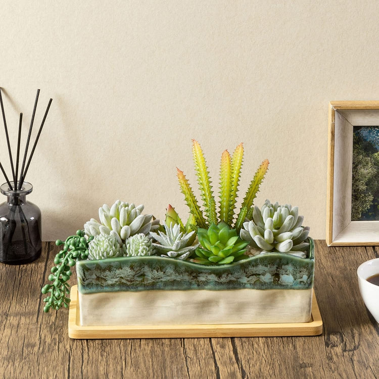 Artificial Assorted Succulent Arrangement in Rectangular Glazed Ceramic Window Box Planter with Removable Bamboo Tray