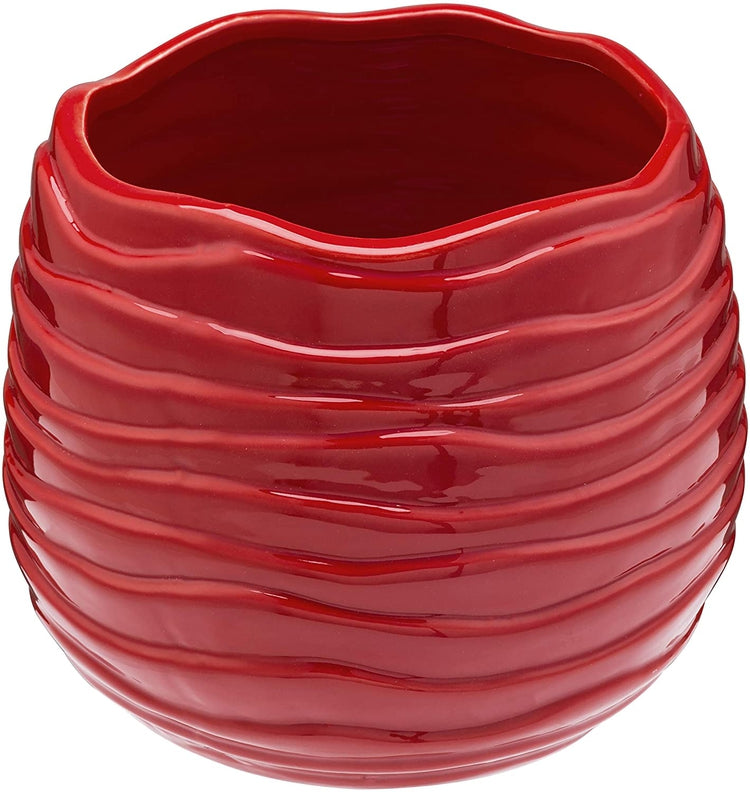 5.5 Inch Red Ceramic Wavy Design Flower Planter, Decorative Centerpiece Vase-MyGift