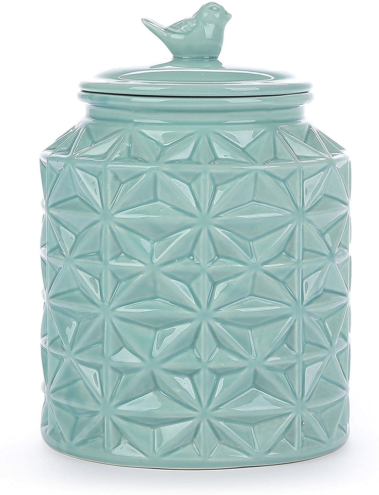 Turquoise Vintage Ceramic Kitchen Flour Canister, Cookie Jar with Star Design & Bird Topped Lid-MyGift