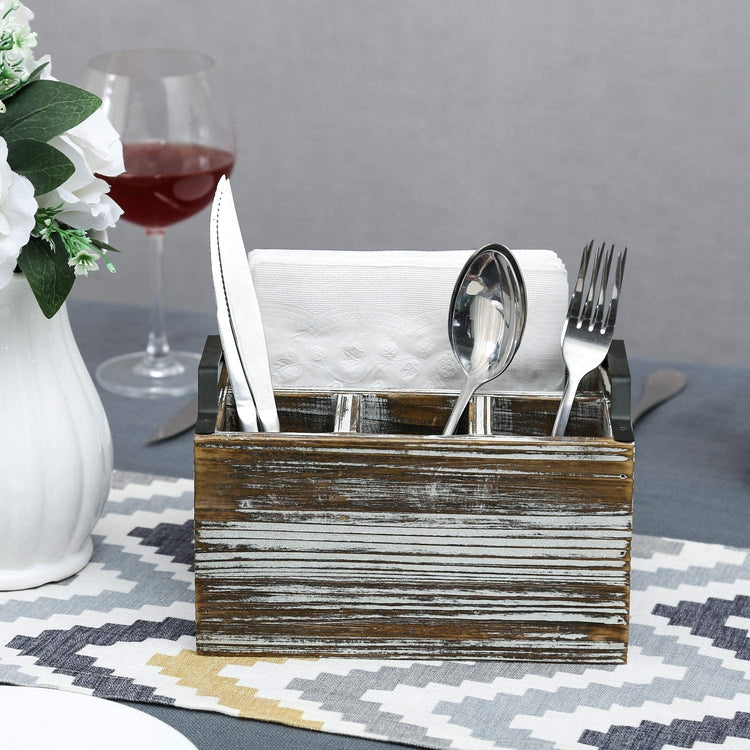 Rustic Torched Wood 4-Compartment Utensil and Napkin Dispenser Holder Caddy with Black Metal Handles