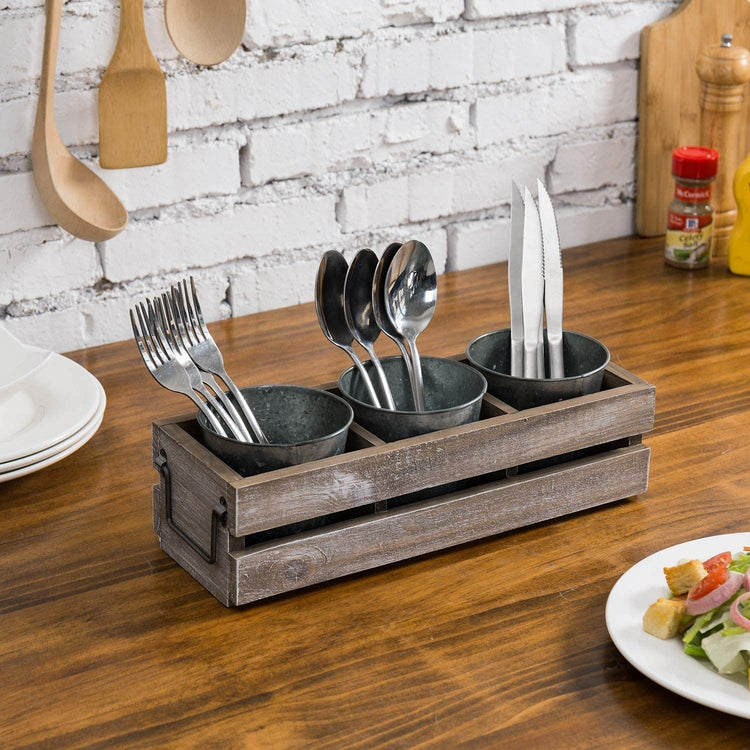 Rustic Utensil Holder with 3 Metal Buckets, Brown Wood Flatware Caddy Crate with Handles-MyGift