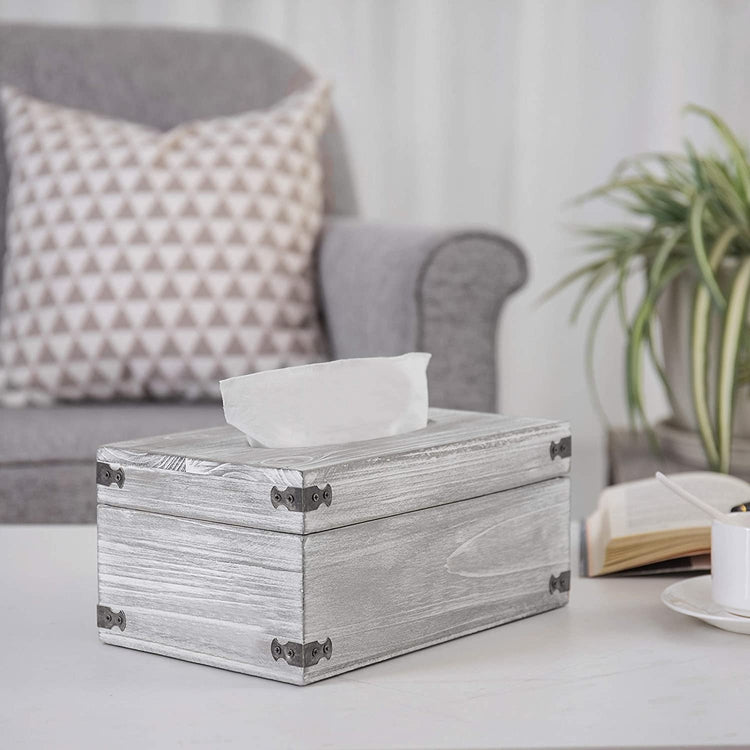 Gray-washed Wood Tissue Box Holder w/ Hinged Lid-MyGift