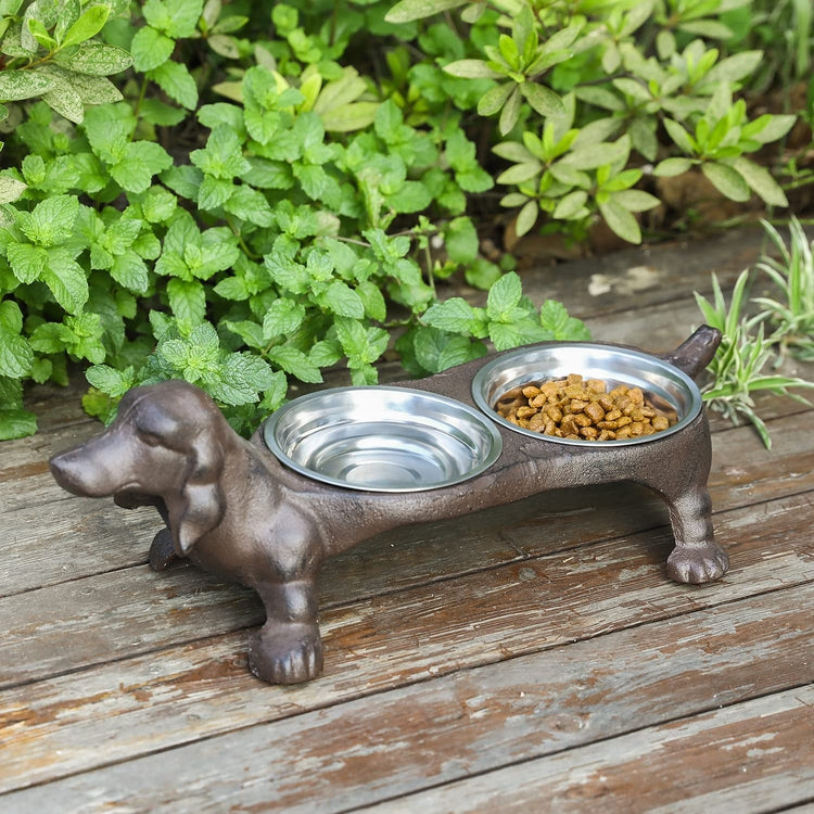 Rustic Cast Iron Dachshund Hot Dog Design Small Pet Feeder with 2 Stainless Steel Bowls