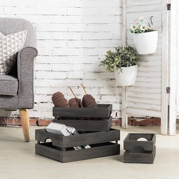 Set of 3, 16 x 12 Inch Grey Wood Nesting Storage and Accent Crates-MyGift