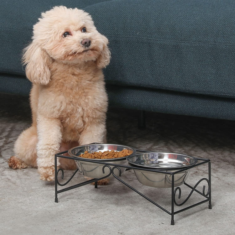 Black and Stainless Steel Metal Raised Dual Pet Feeder Bowls with Bone Decoration, for Dogs, Puppies