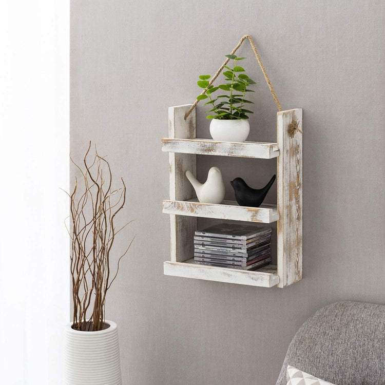 3 Tier Whitewashed Wood Ladder Style Wall Hanging Storage Shelf Rack with Rustic Rope-MyGift