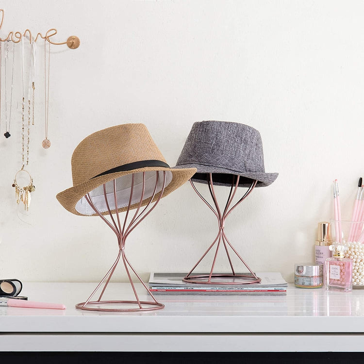 Modern Rose Gold-Tone Wire Design Metal Hat, Cap & Wig Rack Display Stands, Set of 2