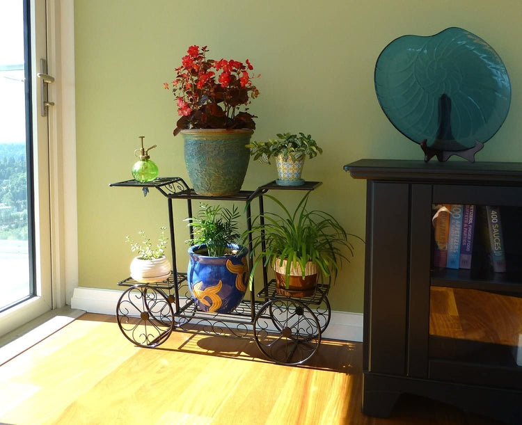 6 Tier Black Metal Garden Cart Planter Display Stand, Indoor Flower Pot Organizer Rack-MyGift