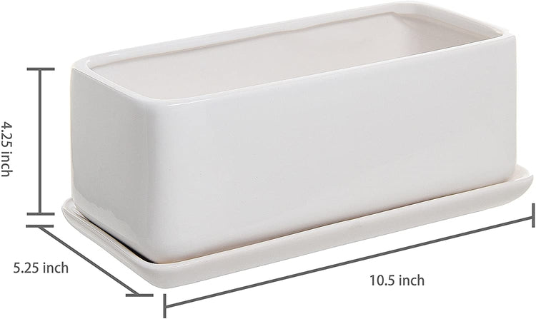 Set of 2, White Rectangular 10 inch Succulent Planter Pots with Removable Drip Tray-MyGift