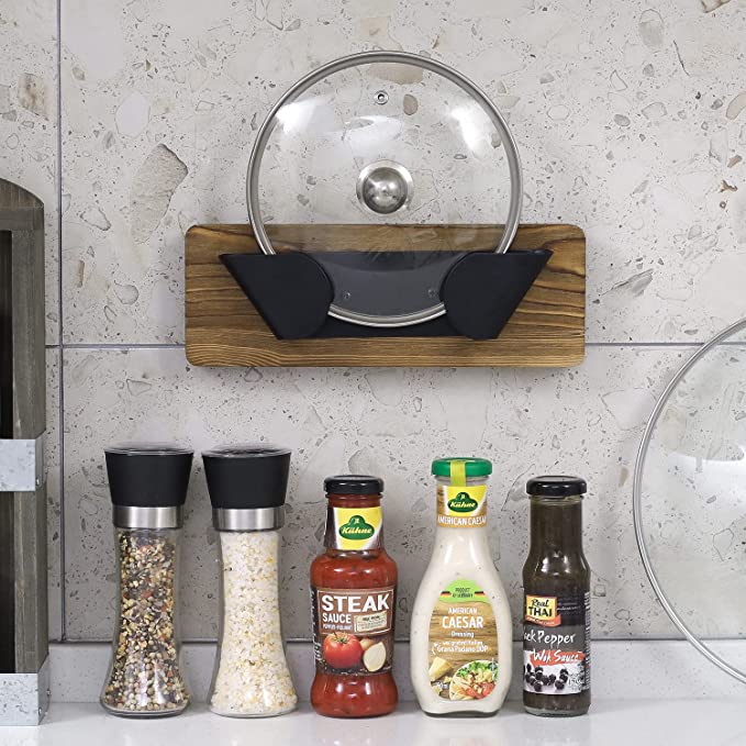 Set of 2 Wall Mounted Pot Lid Holder, Wood & Matte Black Metal Cabinet Door Cookware Lid Organizer Rack