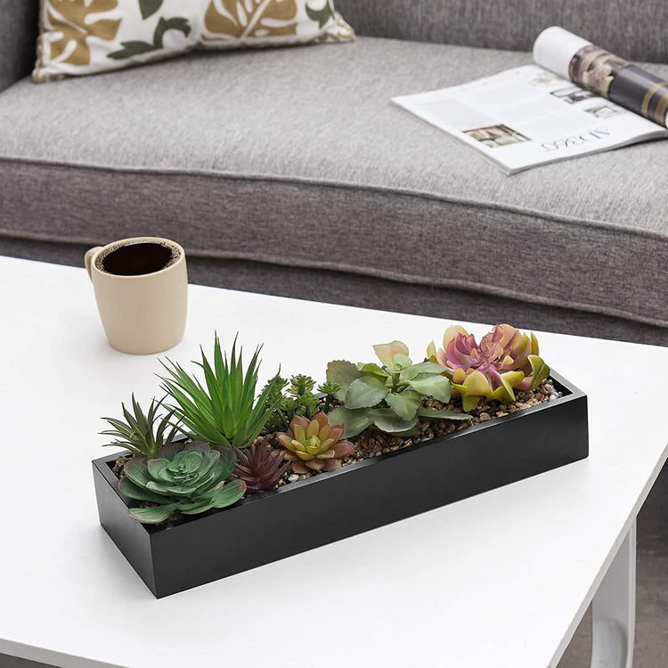 Artificial Succulent Plant Arrangement in Rectangular Modern Black Wood Plant Pot