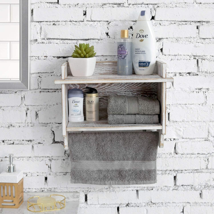 Wall Mounted Whitewashed Wood Bathroom Storage Rack with 2 Shelves and Hanging Towel Bar