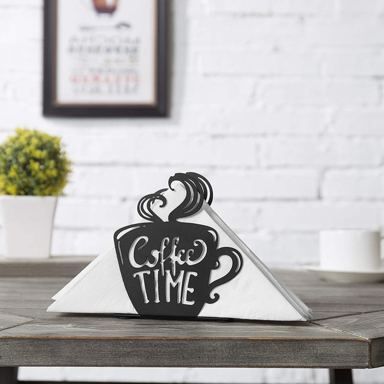 Decorative Coffee Time Mug Design Black Metal Napkin Holder-MyGift