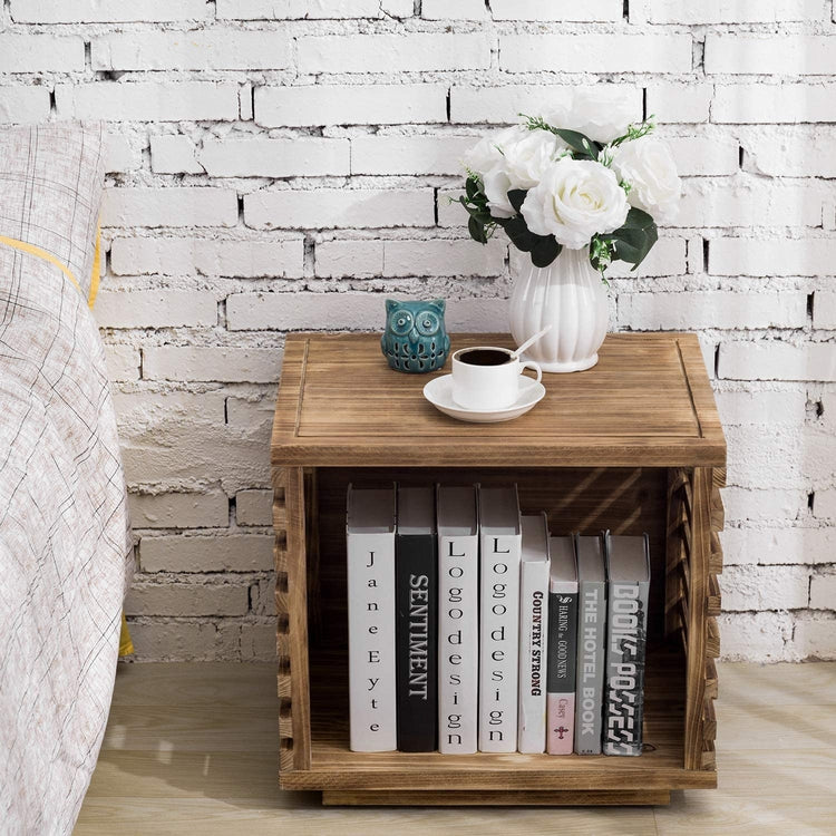 Mid-century Modern Dark Brown Wood Bedside End Table with Slated Crate Design-MyGift