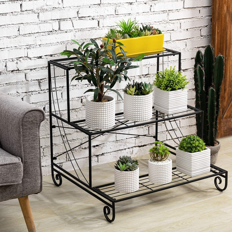 3 Tier Decorative Black Metal Plant Stand, Planter Holder, Multi Planter Flower Pot Rack-MyGift