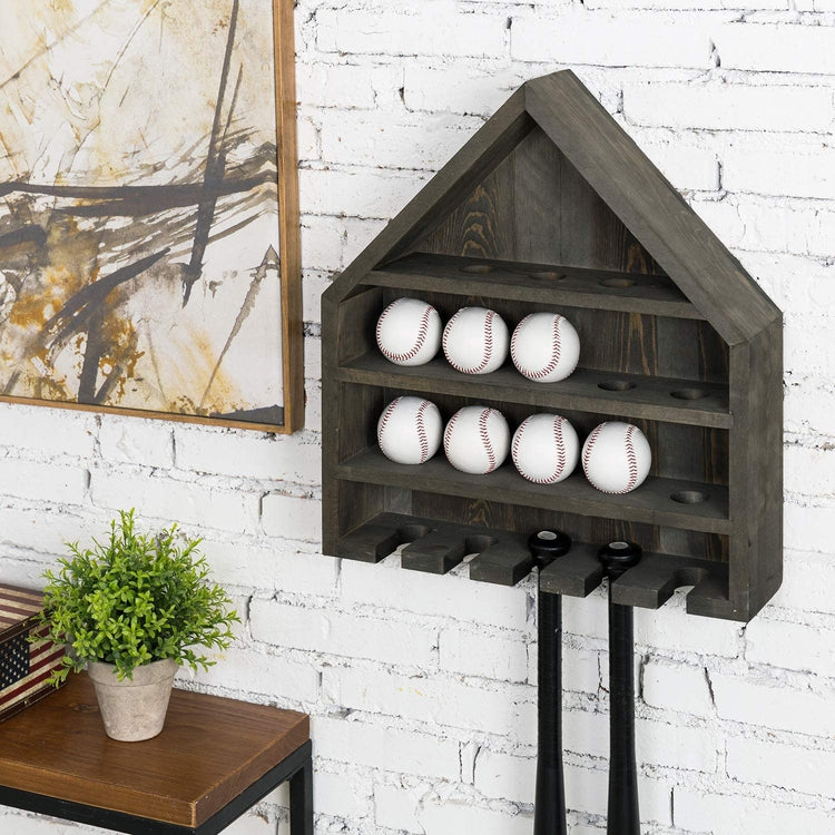 Gray Wood Home Plate-Shaped Wall Mounted Baseball and Bat Storage Display Shelf Rack-MyGift