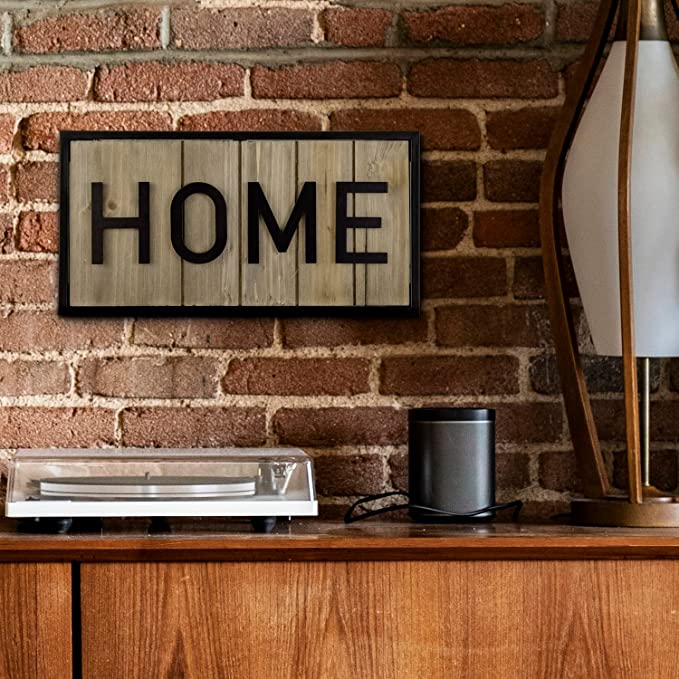 Hanging Entryway Décor, Home Cutout Lettering Sign Weathered Brown Wood and Matte Black Metal