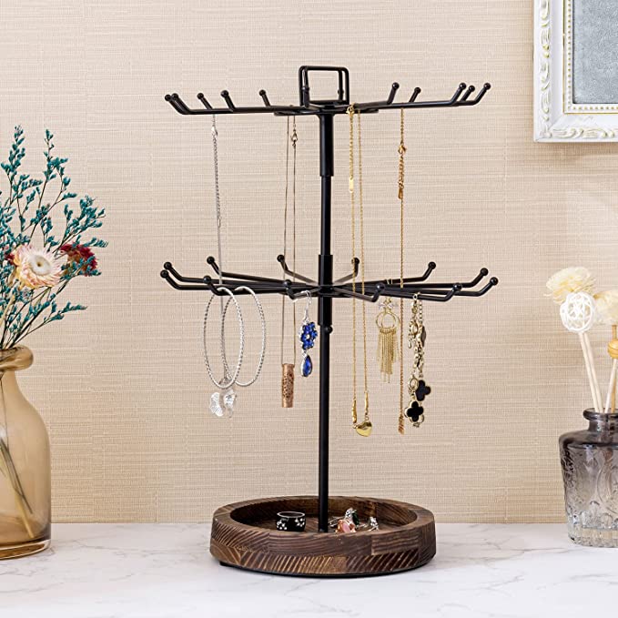 Black Metal & Burnt Wood Base Rotating 2 Tier Jewelry Tree Organizer with 24 Hooks & Top Handle Card Holder