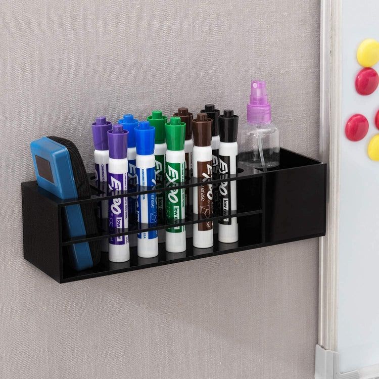 Wall Mounted Black Dry Erase Marker and Whiteboard Eraser Rack with Storage for Cleaner-MyGift